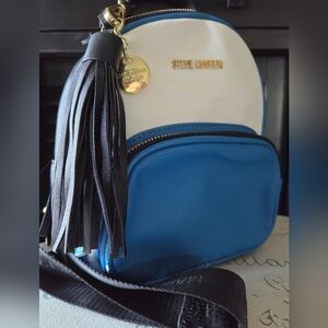 Steve Madden Small Backpack Tassel Blue White Black Gold Hardware